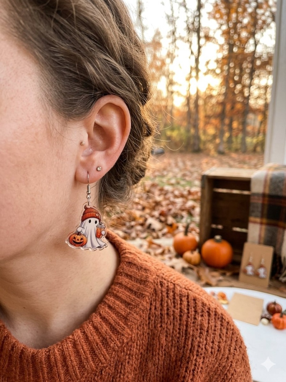 Halloween Ghost Earrings with Pumpkin & Latte NEW